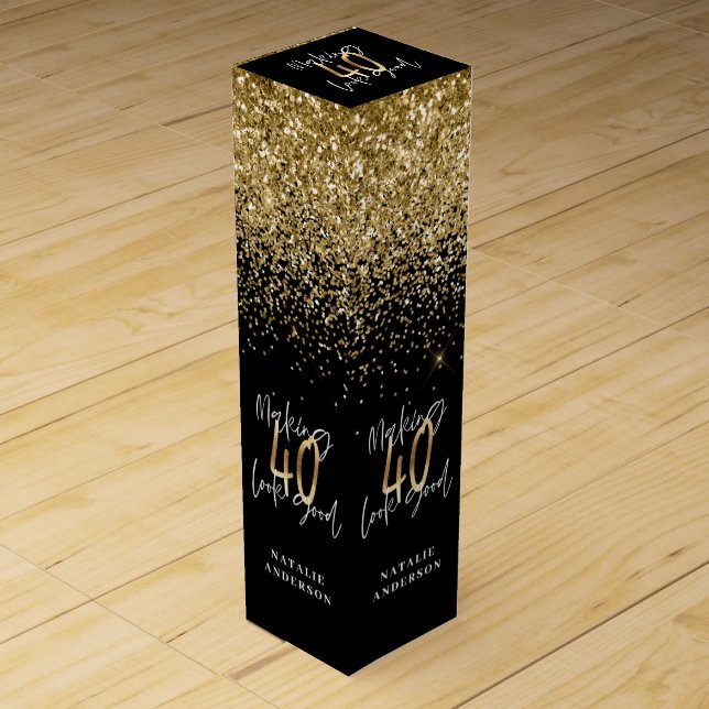 Modern glitter black and gold 40th birthday wine box (Front)