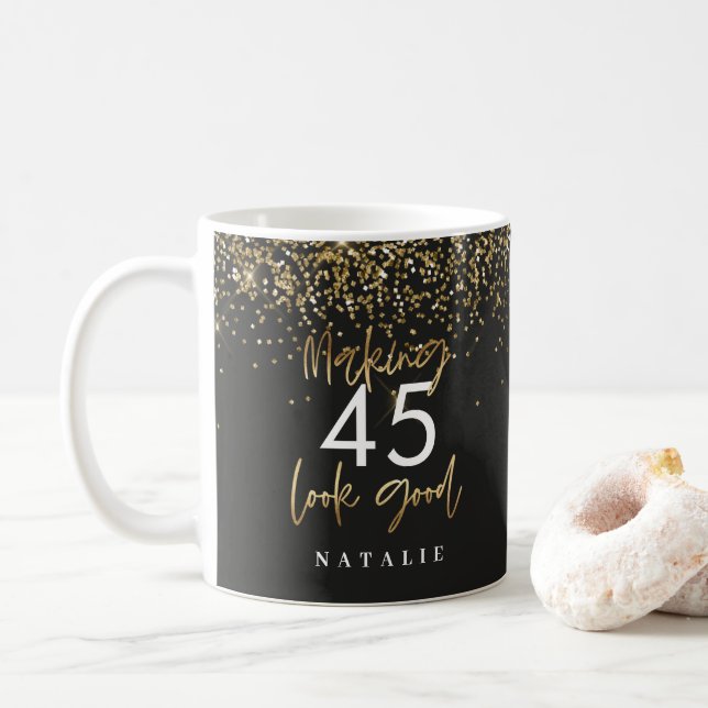 Modern glitter black and gold 45h birthday coffee  coffee mug (With Donut)