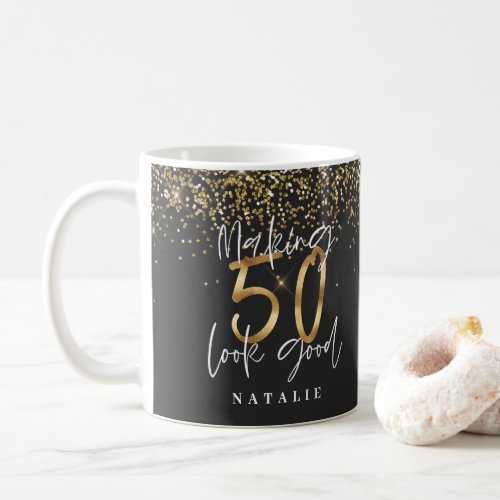 Modern glitter black and gold 50th birthday coffee mug