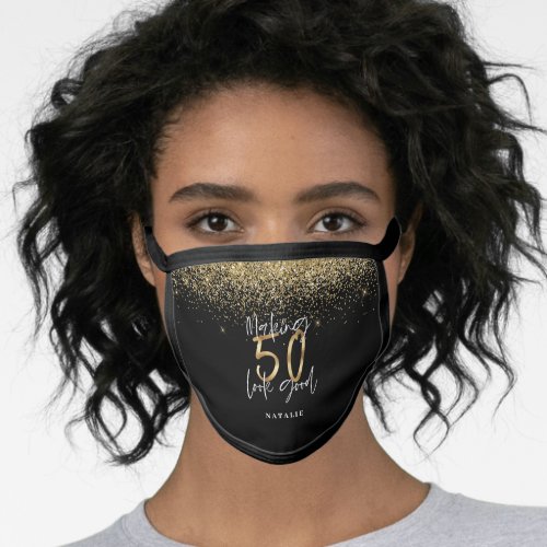 Modern glitter black and gold 50th birthday face mask