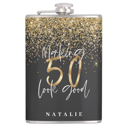 Modern glitter black and gold 50th birthday flask