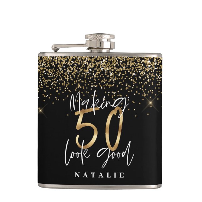Modern glitter black and gold 50th birthday flask (Front)