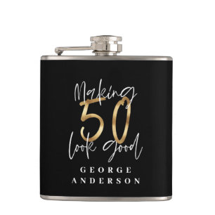 Modern glitter black and gold 50th birthday flask