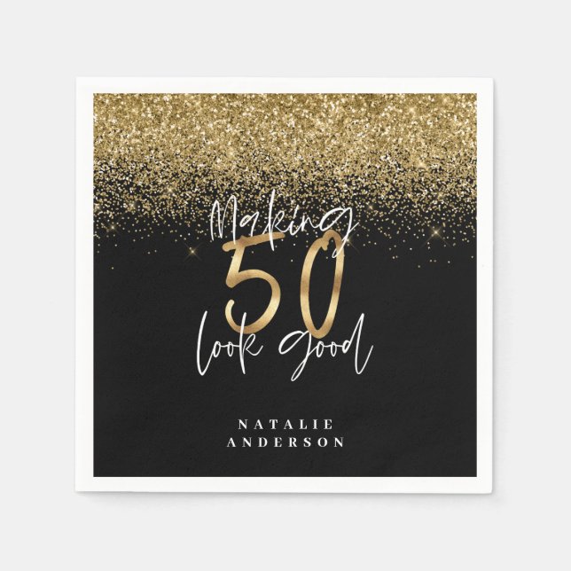 Modern glitter black and gold 50th birthday napkins (Front)