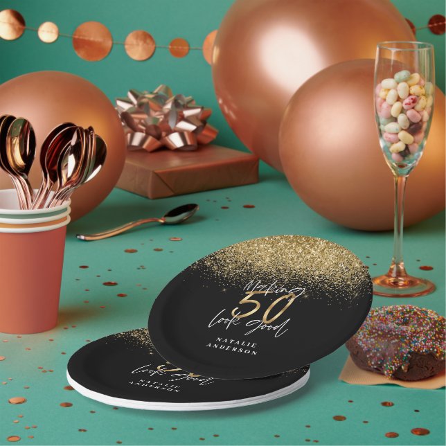 Modern glitter black and gold 50th birthday paper plates (Multi)