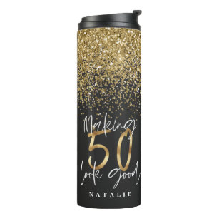 Modern glitter black and gold 50th birthday thermal tumbler
