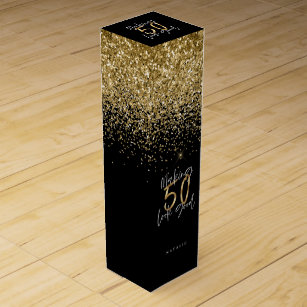 Modern glitter black and gold 50th birthday  wine box