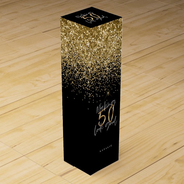 Modern glitter black and gold 50th birthday  wine box (Front)