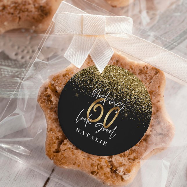 Modern glitter black and gold 60th birthday classic round sticker (Creator Uploaded)