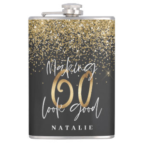 Modern glitter black and gold 60th birthday flask