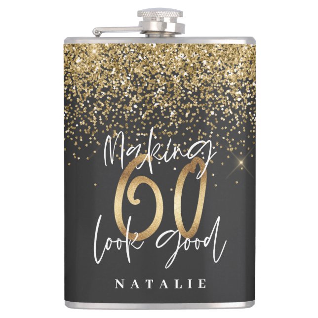 Modern glitter black and gold 60th birthday flask (Front)