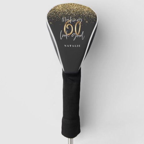 Modern glitter black and gold 60th birthday golf head cover