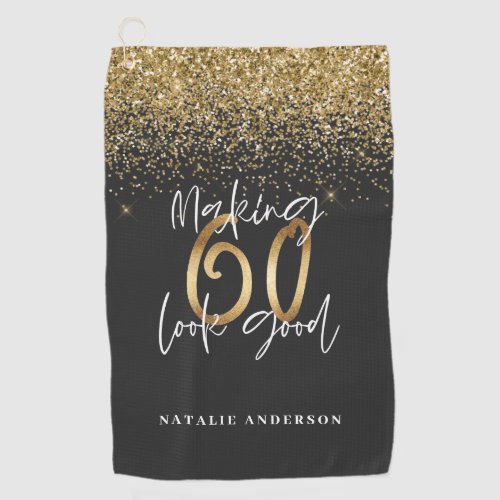 Modern glitter black and gold 60th birthday golf towel