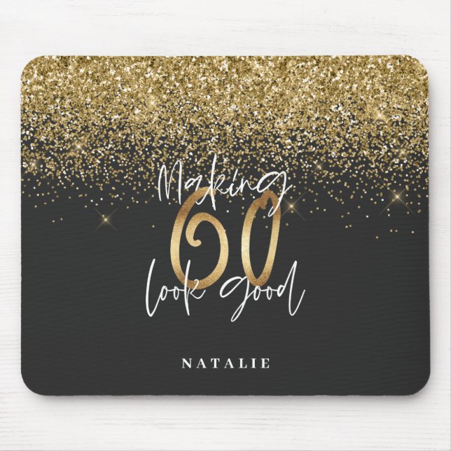 Modern glitter black and gold 60th birthday mouse pad (Front)