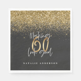 Modern glitter black and gold 60th birthday napkins