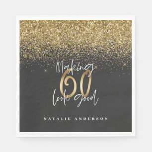 Modern glitter black and gold 60th birthday napkins