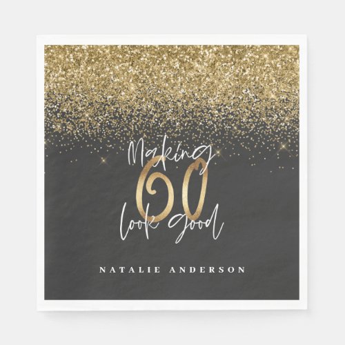 Modern glitter black and gold 60th birthday napkins
