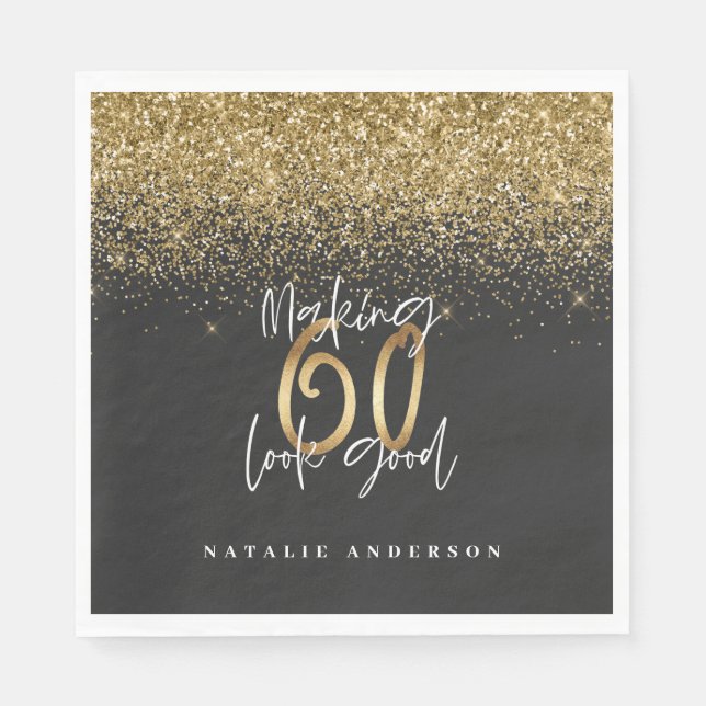 Modern glitter black and gold 60th birthday napkins (Front)