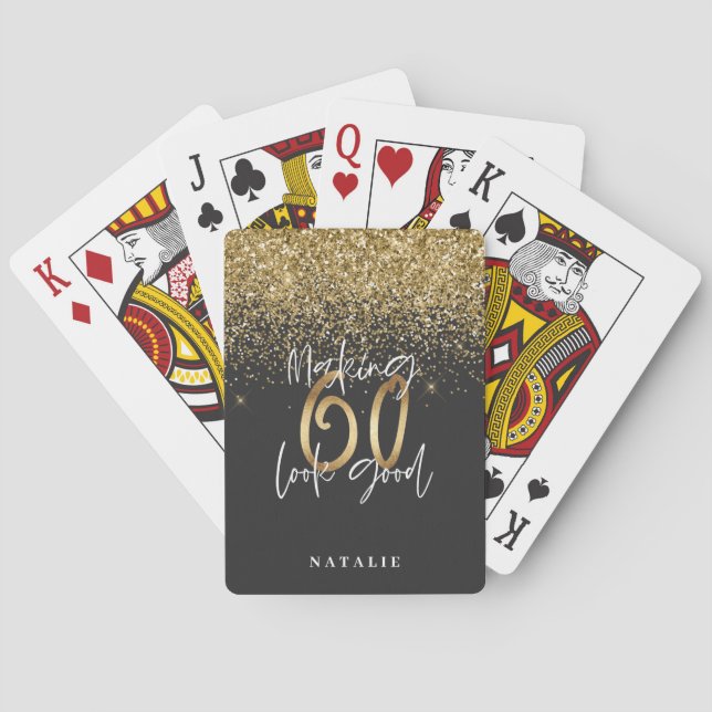 Modern glitter black and gold 60th birthday poker cards (Back)