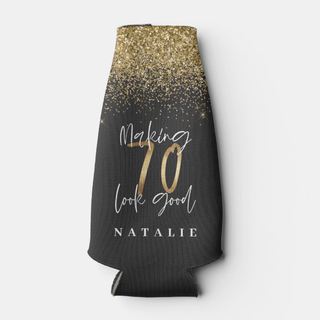 Modern glitter black and gold 70th birthday  can c bottle cooler (Front)
