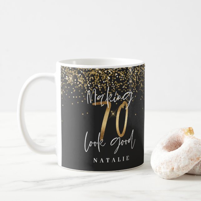 Modern glitter black and gold 70th birthday coffee mug (With Donut)