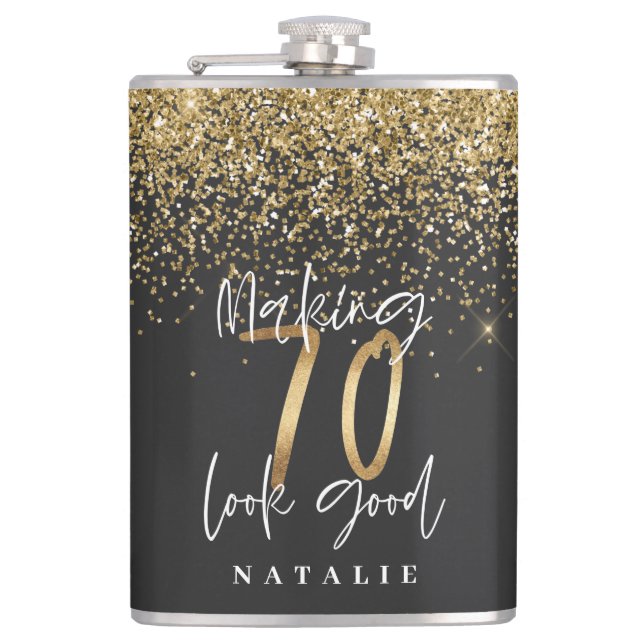 Modern glitter black and gold 70th birthday flask (Front)