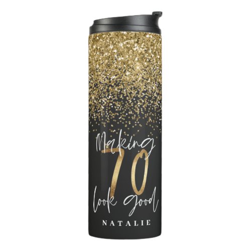 Modern glitter black and gold 70th birthday thermal tumbler