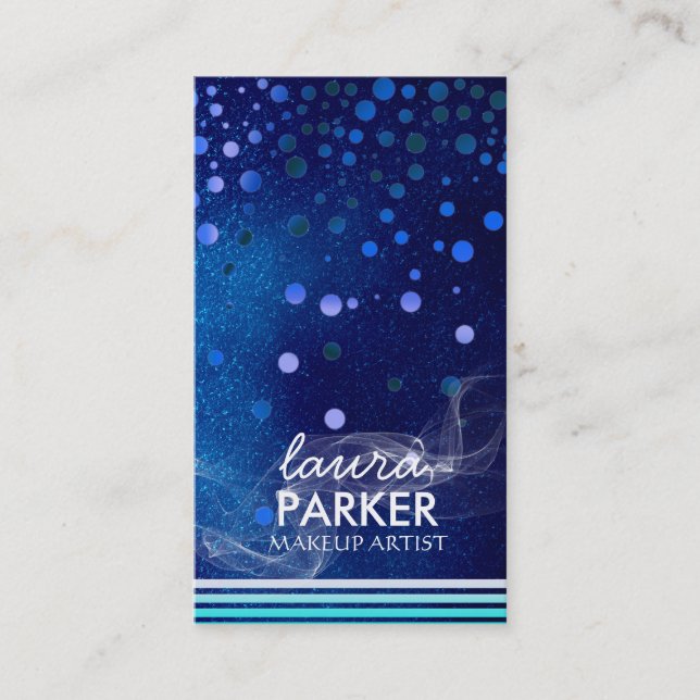 Modern Glitter Bokeh Makeup Artist Blue Business Card (Front)