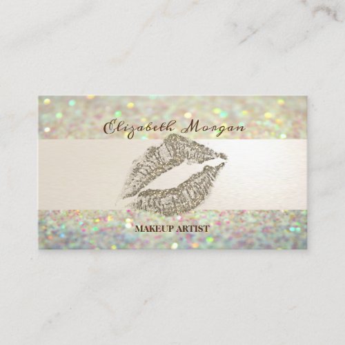 Modern Glitter Bokeh  Stripe Lips_Makeup Artist Business Card