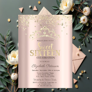 Modern Glitter Confetti,Crown Rose Gold Sweet 16 Invitation