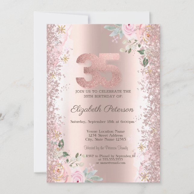 Modern Glitter Confetti Rose Gold Roses 35th  Invitation (Front)