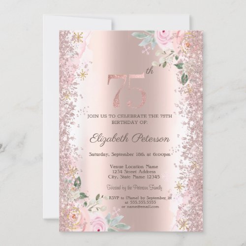 Modern Glitter Confetti Rose Gold Roses 75th  Invitation