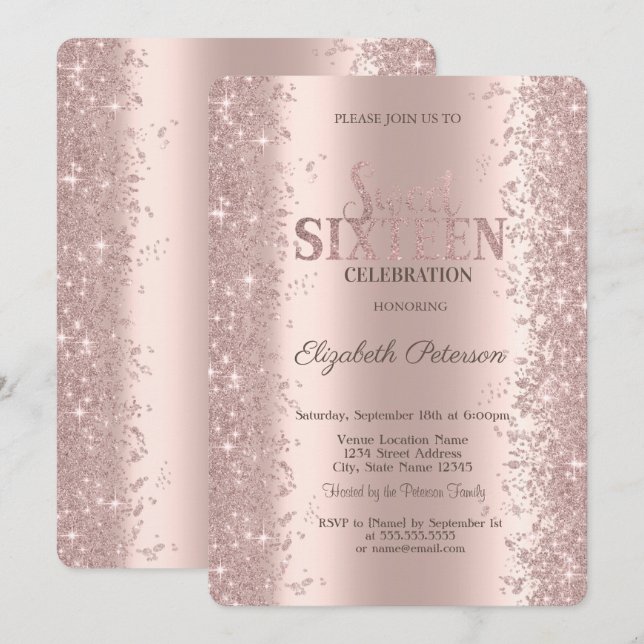 Modern Glitter Confetti Rose Gold  Sweet 16 Invitation (Front/Back)