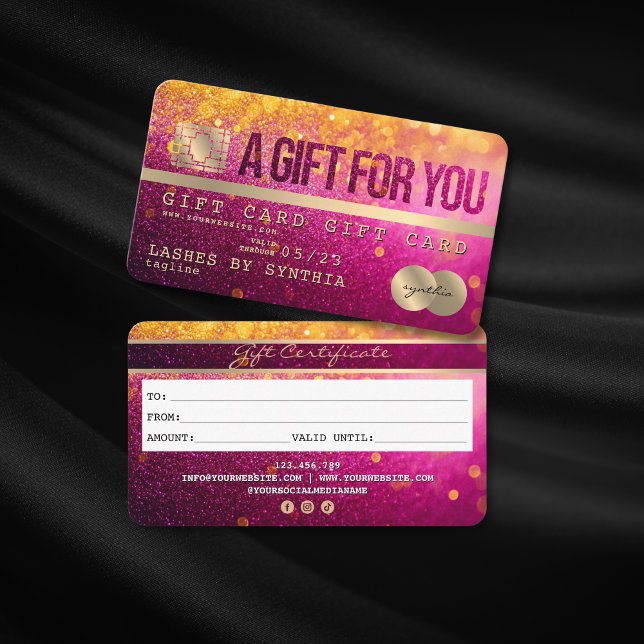 Modern Glitter Credit Card Gift Card Certificate  (pink and gold glitter credit card gift certificate)