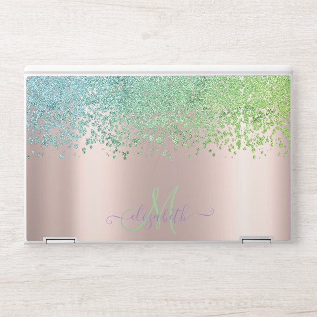 Modern Glitter Diamonds Rose Gold Green Ombre HP Laptop Skin (Front)