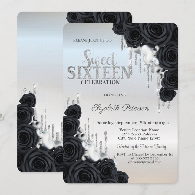 Modern Glitter Drips Black Roses Silver Sweet 16 Invitation (Front/Back)