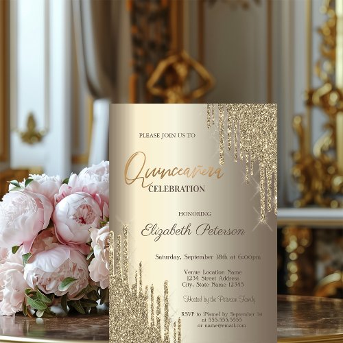 Modern Glitter Drips Champagne Gold Quinceaera Invitation