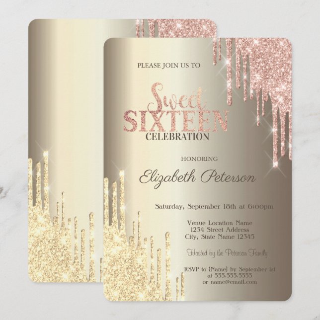 Modern Glitter Drips Champagne Gold Sweet 16 Invitation (Front/Back)
