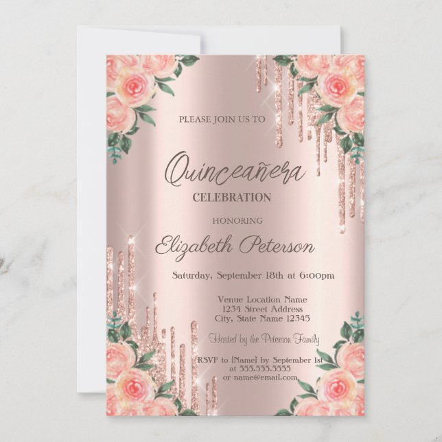 Modern Glitter Drips Floral Rose Gold Quinceanera Invitation (Front)