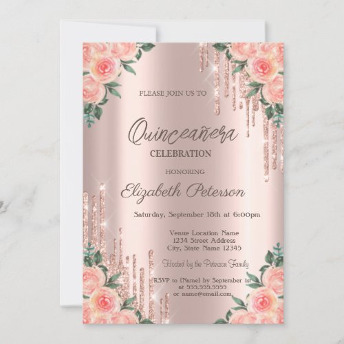 Modern Glitter Drips Floral Rose Gold Quinceanera Invitation