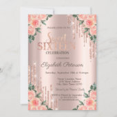 Modern Glitter Drips Floral Rose Gold  Sweet 16 Invitation (Front)