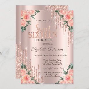 Modern Glitter Drips Floral Rose Gold  Sweet 16 Invitation