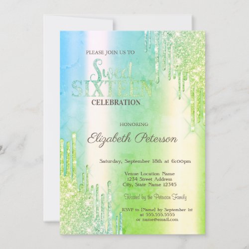 Modern Glitter Drips Green Sweet 16 Invitation