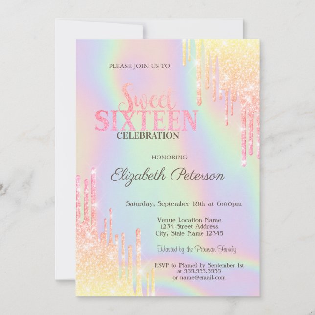 Modern Glitter Drips Holographic Sweet 16 Invitation (Front)