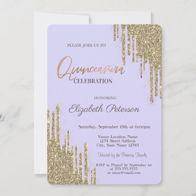 Modern Glitter Drips Lavander Quinceañera Invitation (Front)