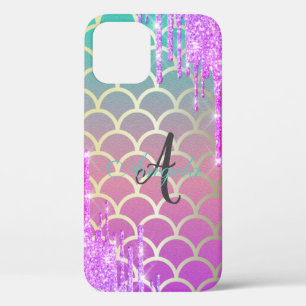 Modern Glitter DripS Mermaid Scale ,Monogram iPhone 12 Case