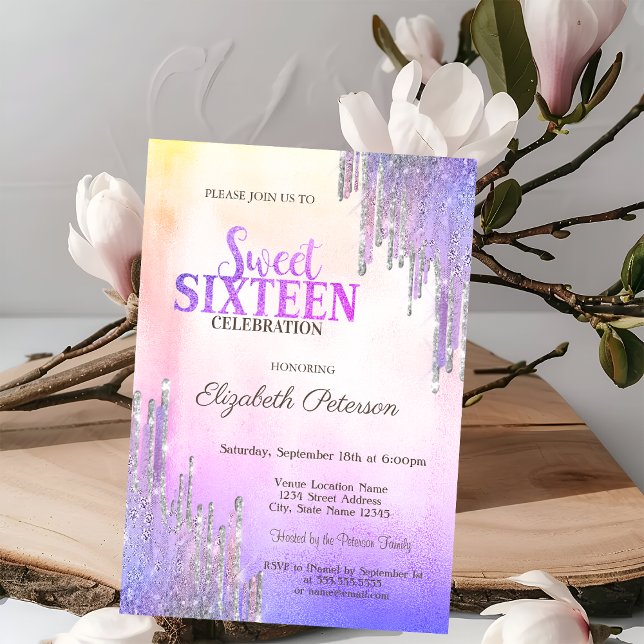 Modern Glitter Drips Ombre Metallic Sweet 16  Invitation (Creator Uploaded)