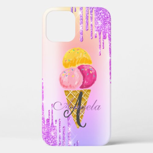 Modern Glitter DripsOmbreMonogram Ice Cream iPhone 12 Case