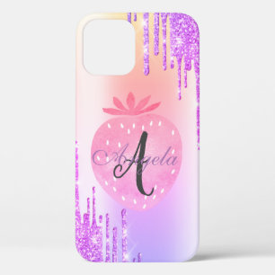 Modern Glitter Drips,Ombre,Monogram Strawberry iPhone 12 Case