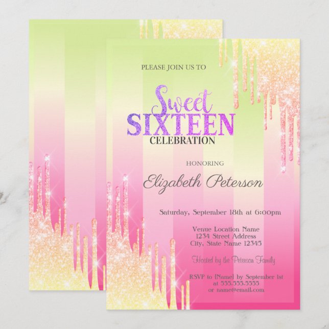 Modern Glitter Drips Ombre Stripes Sweet 16 Invitation (Front/Back)